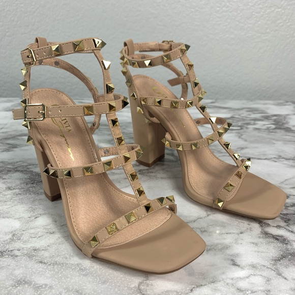 Olivia Ferguson Nude Nubuck Stud Open Toe Heels - Picture 3 of 6